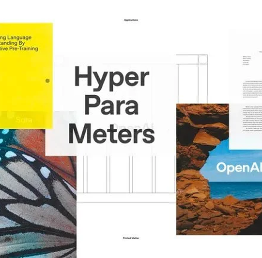 A collage of brand explorations including Hyper Para Meters, OpenAI, and butterfly imagery.