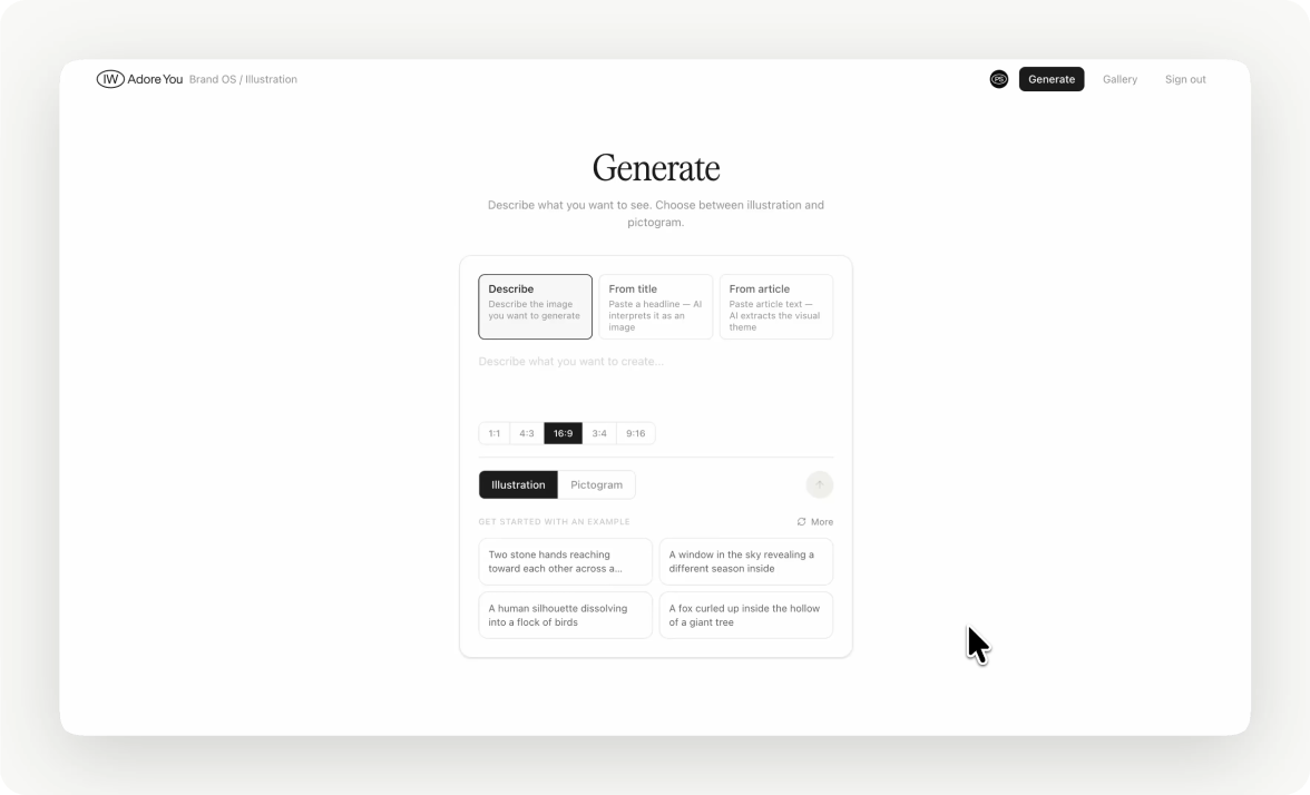 The BrandOS Generate interface — describe what you want to create and choose between illustration or pictogram.